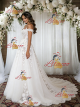 White Tulle Lace Off the Shoulder Wedding Dress