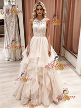 Champagne Tulle Lace Sleeveless Wedding Dress