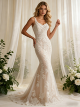 Beige White Mermaid Lace Straps Wedding Dress