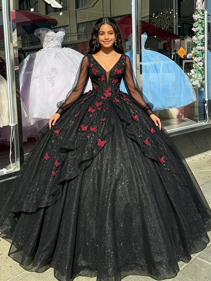 Black LOng Sleeve V-neck Appliques Quinceanera Dress