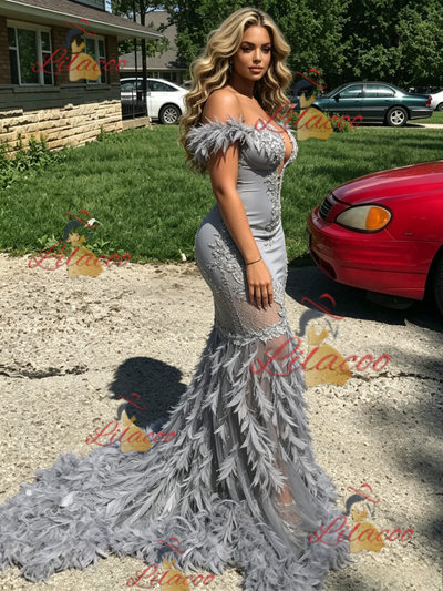 Gray Mermaid Off the Shoulder Feather Prom Dress