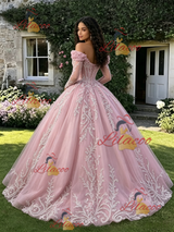 Pink Tulle Off the Shoulder Long Sleeve Quinceanera Dress