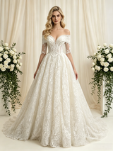 Vintage Lace Short Sleeve Beading Wedding Dress