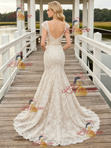 Champagne Mermaid Lace Cap Sleeve Wedding Dress