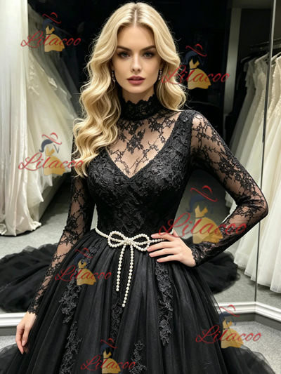 Black Tulle Long Sleeve Appliques Prom Dress