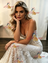 White Mermaid Straps Lace Wedding Dress