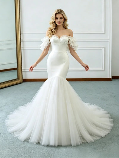 White Mermaid Tulle Off the Shoulder Wedding Dress