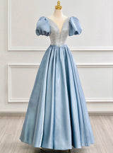 Blue Satin Puff Sleeve Sequins Prom Dress