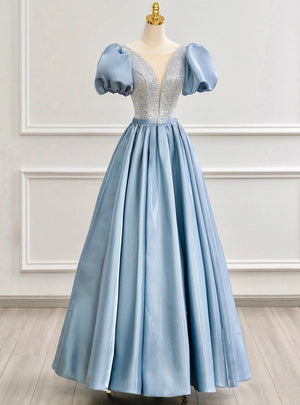 Blue Satin Puff Sleeve Sequins Prom Dress