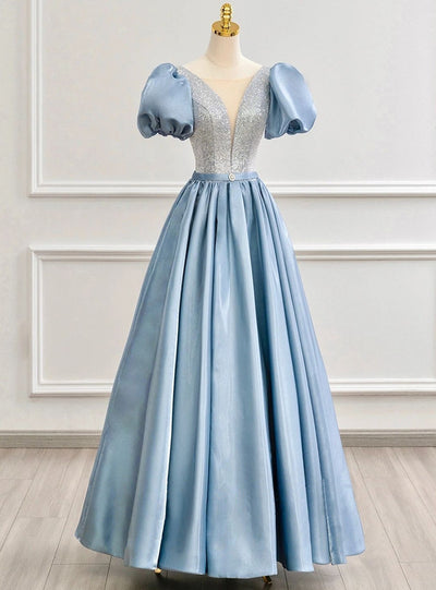 Blue Satin Puff Sleeve Sequins Prom Dress