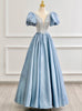 Blue Satin Puff Sleeve Sequins Prom Dress