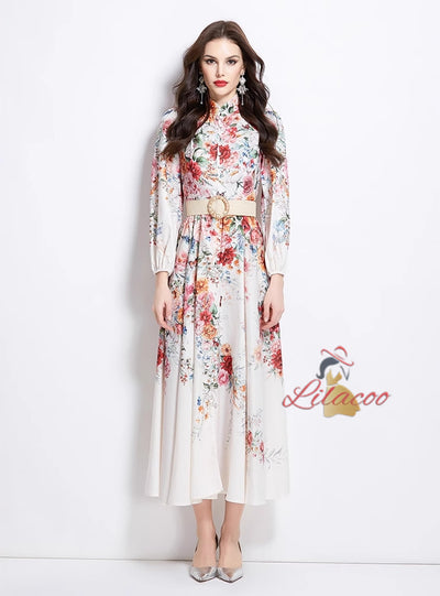 Lantern Sleeve Printed Big Swing Dress