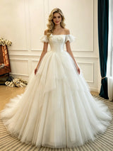 Beige White Tulle Off the Shoulder Wedding Dress
