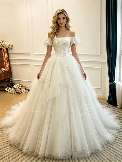 Beige White Tulle Off the Shoulder Wedding Dress