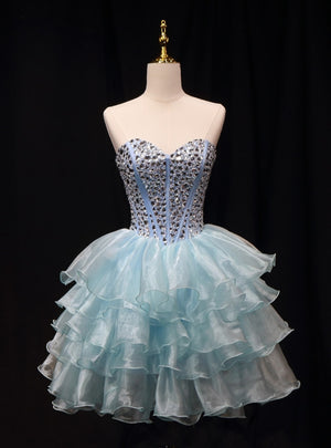 Blue Organza Crystal Strapless Homecoming Dress
