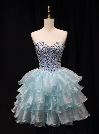 Blue Organza Crystal Strapless Homecoming Dress