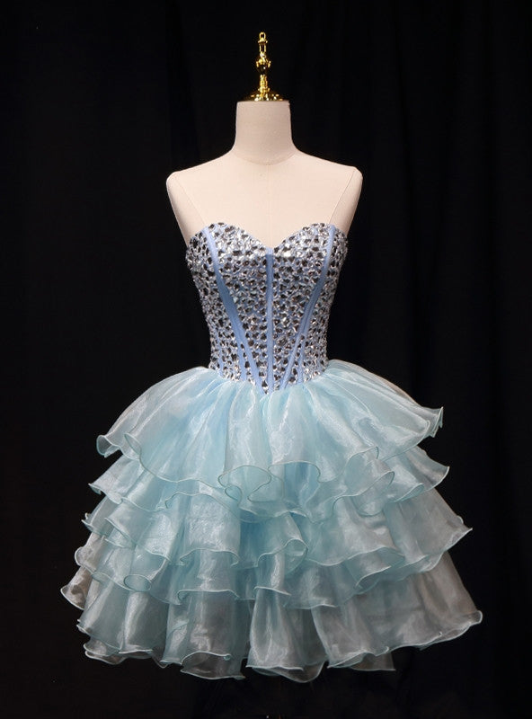 Blue Organza Crystal Strapless Homecoming Dress