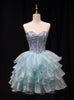 Blue Organza Crystal Strapless Homecoming Dress