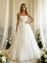 Beige White Tulle Strapless Pleats Wedding Dress