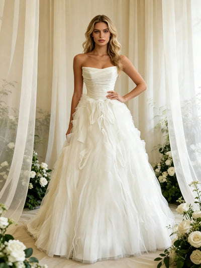 Beige White Tulle Strapless Pleats Wedding Dress