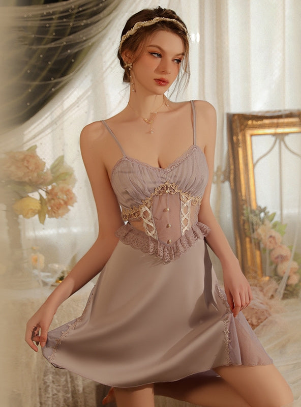 Sexy Gauze Stitching Satin Perspective Nightdress