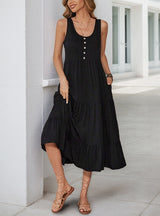 Strap Button Pocket Sleeveless Solid Color Dress