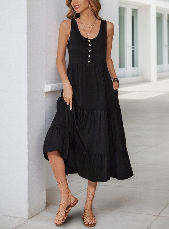 Strap Button Pocket Sleeveless Solid Color Dress