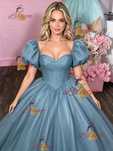 Blue Tulle Puff Sleeve Prom Dress
