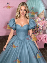 Blue Tulle Puff Sleeve Prom Dress