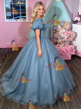 Blue Tulle Puff Sleeve Appliques Prom Dress