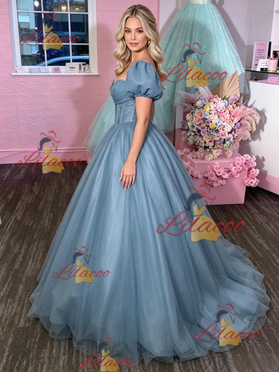 Blue Tulle Puff Sleeve Appliques Prom Dress