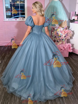 Blue Tulle Puff Sleeve Appliques Prom Dress