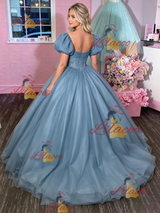 Blue Tulle Puff Sleeve Appliques Prom Dress