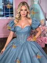 Blue Tulle Puff Sleeve Appliques Prom Dress