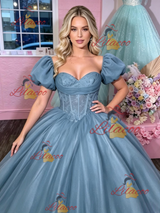 Blue Tulle Puff Sleeve Appliques Prom Dress