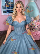 Blue Tulle Puff Sleeve Appliques Prom Dress