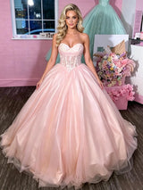 Pink Tulle Strapless Appliques Prom Dress