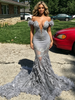 Gray Mermaid Off the Shoulder Feather Prom Dress