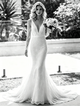 White Mermaid V-neck Long Sleeve Wedding Dress