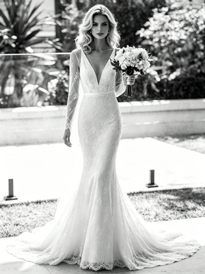 White Mermaid V-neck Long Sleeve Wedding Dress
