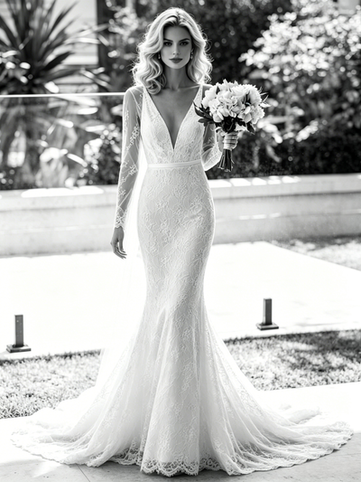 White Mermaid V-neck Long Sleeve Wedding Dress