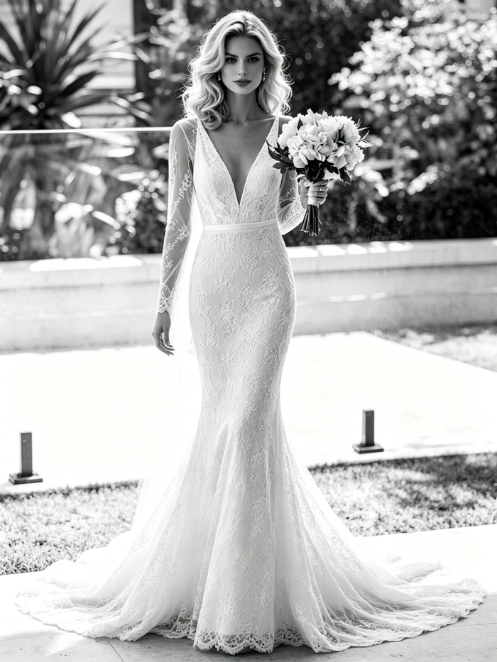 White Mermaid V-neck Long Sleeve Wedding Dress