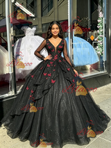 Black LOng Sleeve V-neck Appliques Quinceanera Dress
