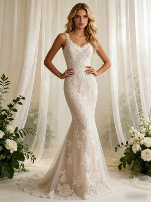 Beige White Mermaid Lace Straps Wedding Dress