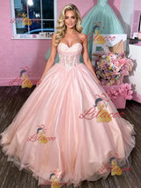 Pink Tulle Strapless Appliques Prom Dress