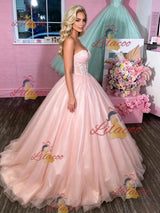 Pink Tulle Strapless Appliques Prom Dress