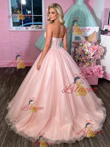 Pink Tulle Strapless Appliques Prom Dress