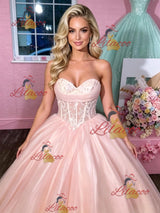 Pink Tulle Strapless Appliques Prom Dress