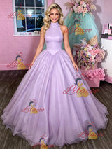 Purple Tulle High Neck Prom Dress