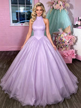 Purple Tulle High Neck Prom Dress